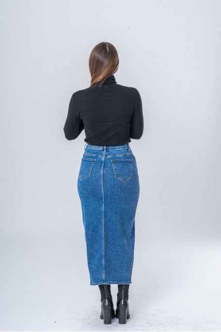 Jupe longue fendue denim coupe droite bleu - vue dos