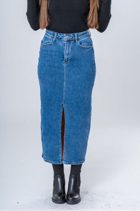 Jupe longue fendue denim coupe droite bleu - vue face jupe