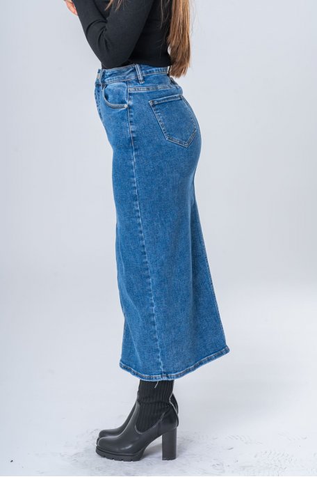 Jupe longue fendue denim coupe droite bleu - vue profil