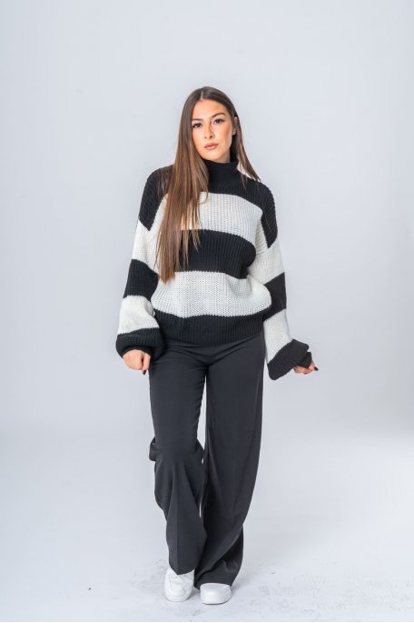 Pull col montant grosse maille tressée rayé blanc - vue face entier