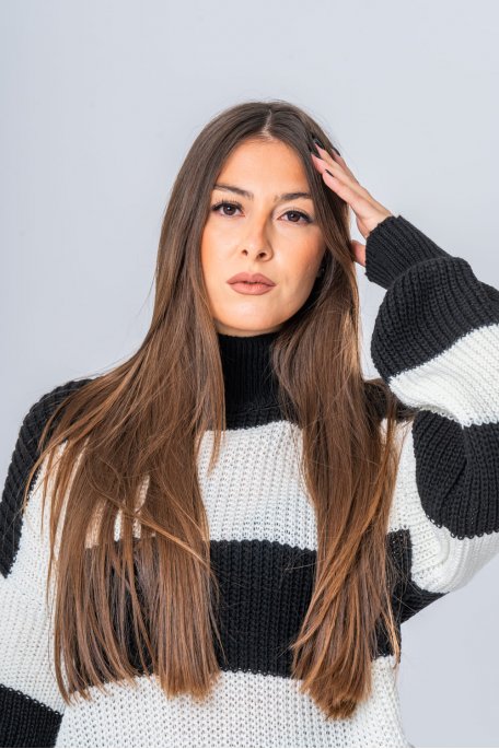Pull col montant grosse maille tressée rayé blanc - vue face