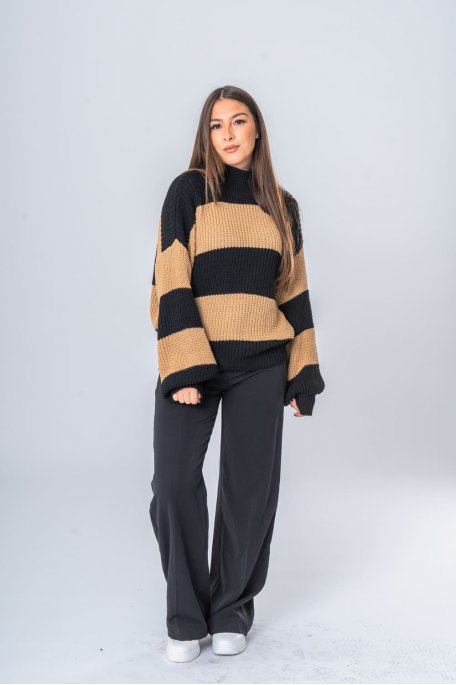Pull col montant grosse maille tressée rayé marron - vue face entier