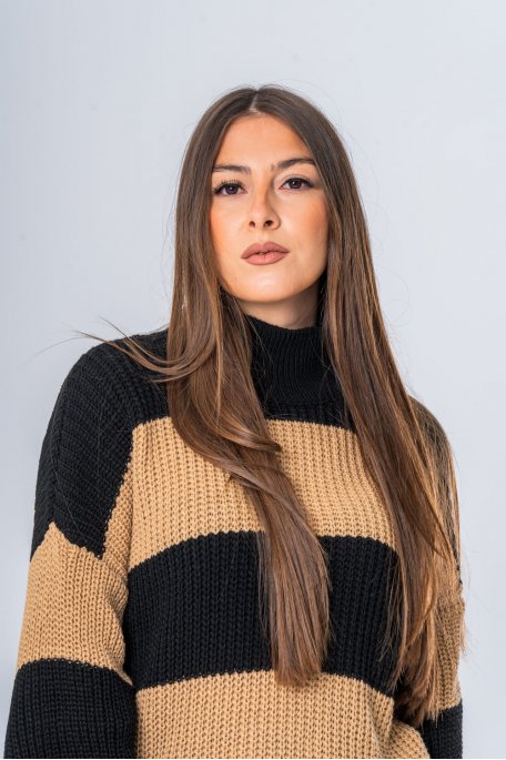 Pull col montant grosse maille tressée rayé marron - vue face