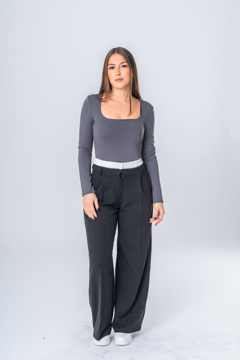 Pantalon tailleur taille boxeur coupe large noir - vue face entier