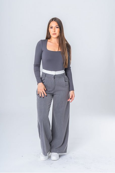 Pantalon tailleur ceinture boxer coupe large gris