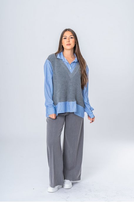 Pull sans manches avec chemise intégrée bleu - vue face entier