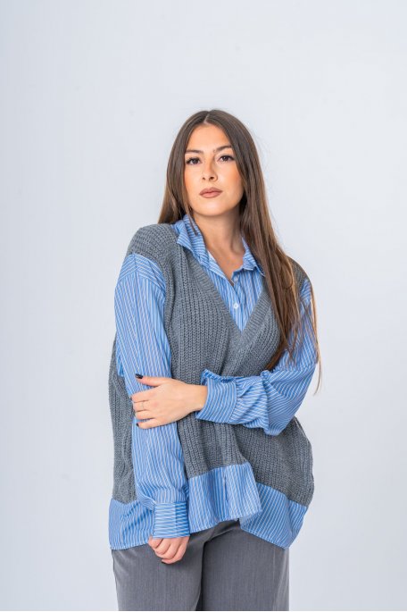 Pull sans manches avec chemise intégrée bleu - vue face