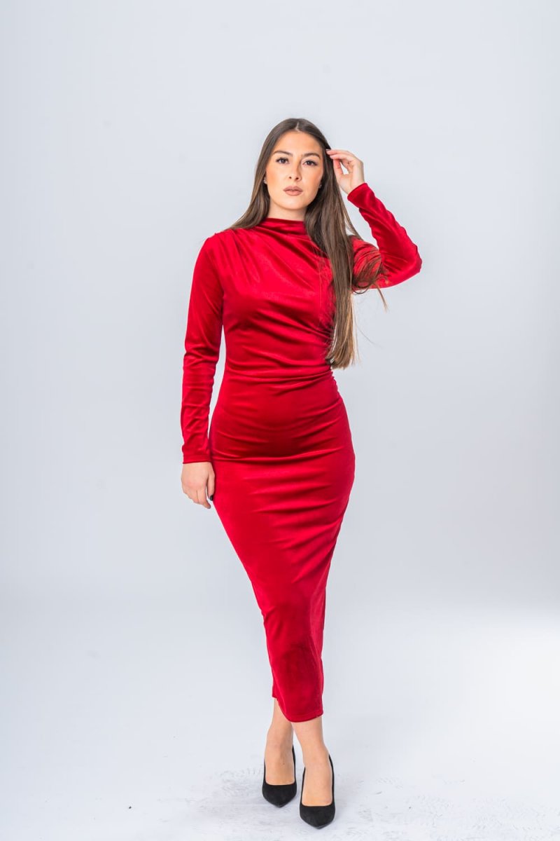 Robe longue effet velours rouge - vue face entier