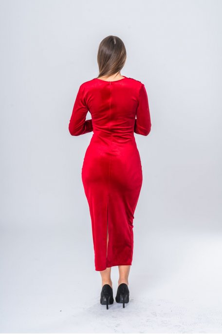 Long red velvet effect dress Cinelle Paris fashion for women