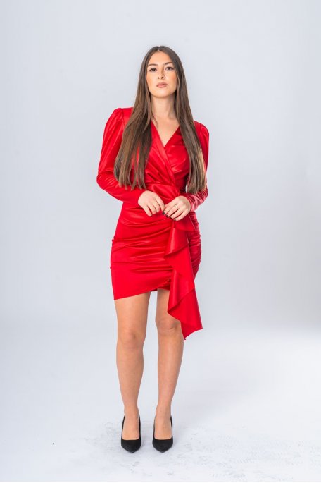Kurzes Kleid mit Volant in Satinoptik rot