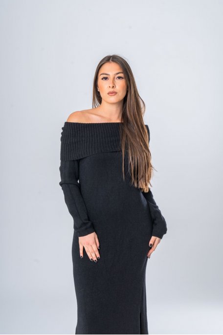 Long dress with bardot collar in black mesh