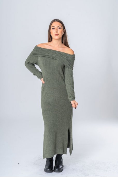 Khaki knit bardot-collared maxi dress