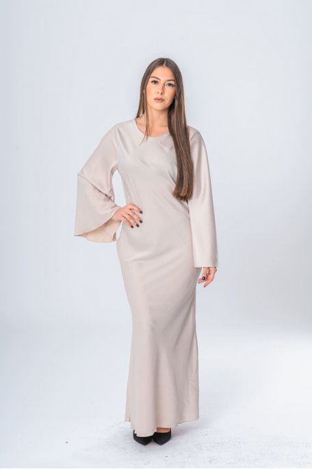 Beige satin-effect flared maxi dress