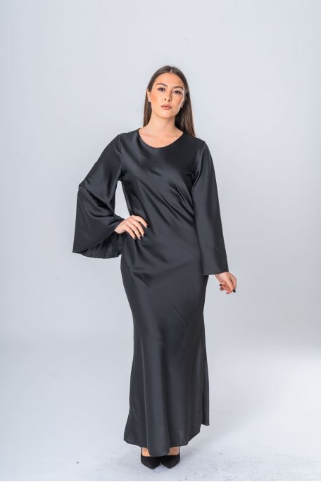 Black satin-effect flared maxi dress