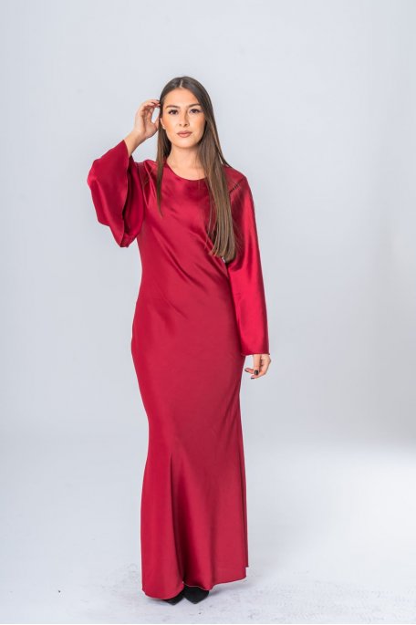 Bordeaux satin-effect flared maxi dress