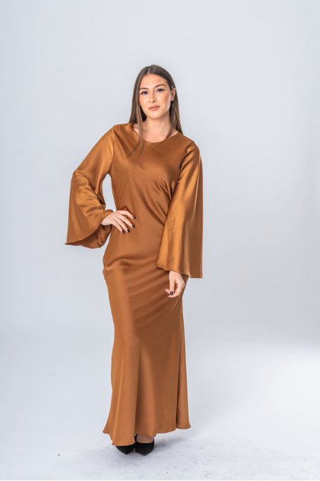 Brown satin-effect flared maxi dress