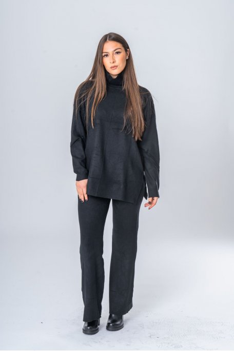 Ensemble pull col roulé et pantalon maille noir