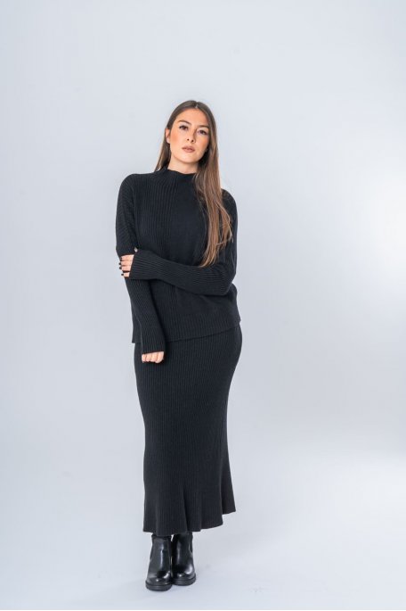 Black knit set with skirt and thin high neck sweater