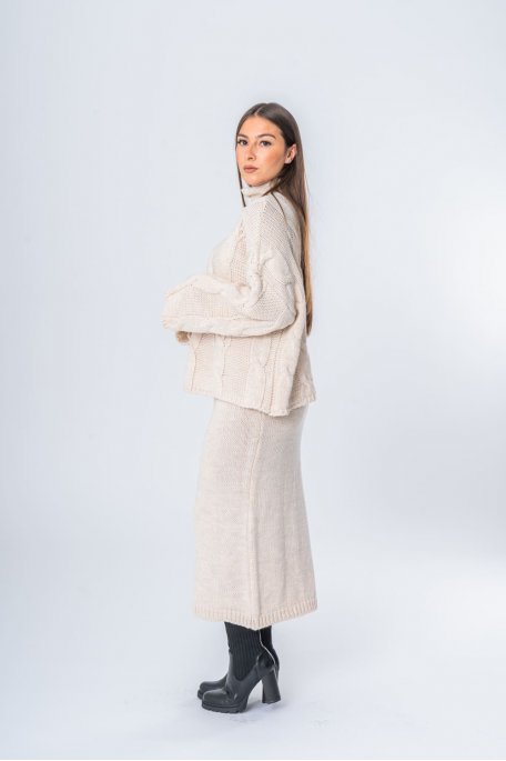 Ensemble pull et jupe en maille torsadée beige