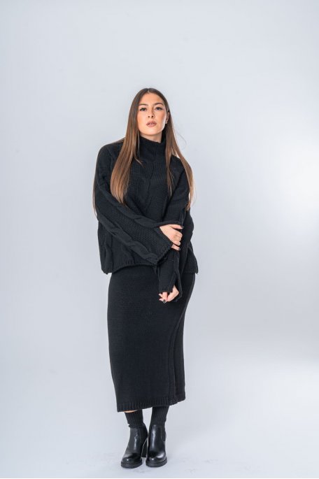 Ensemble pull et jupe en maille torsadée noir