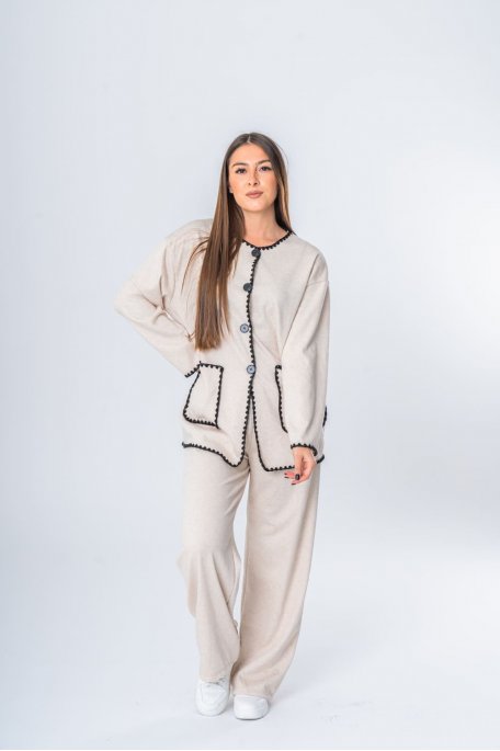 Ensemble gilet long et pantalon bords brodés beige