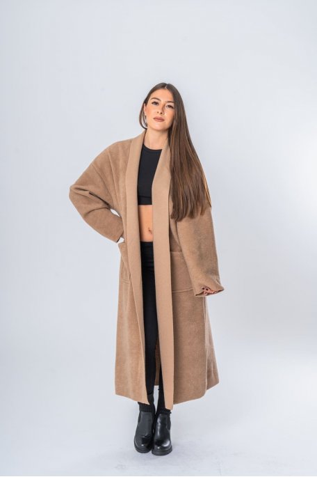 Soft camel textured long open jacket