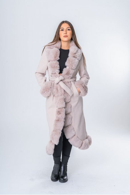 Beige long faux fur coat with hook fastening