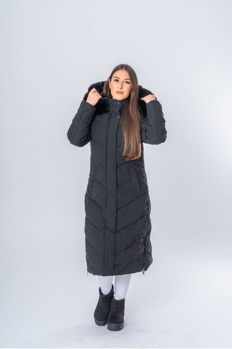 Long quilted padded jacket with faux fur hood, black