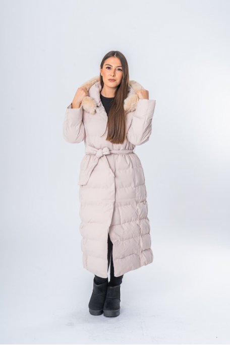 Long quilted belted jacket with beige hood