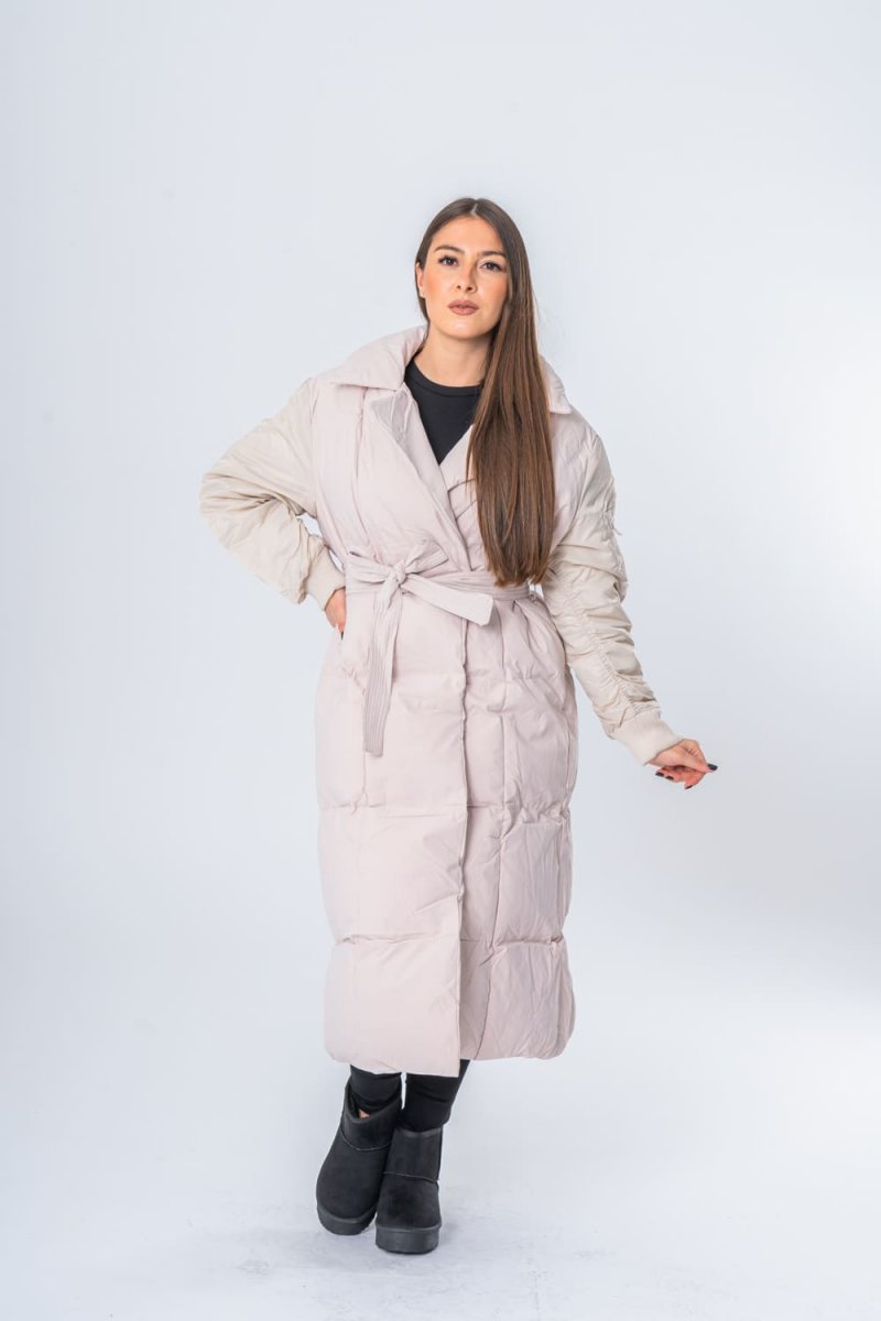 Beige long jacket with notched collar Cinelle Paris fashion for