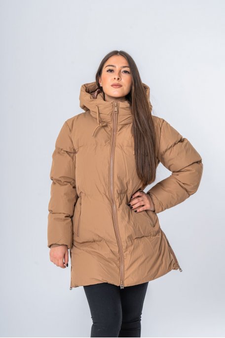 Quilted mid-length jacket with camel hood