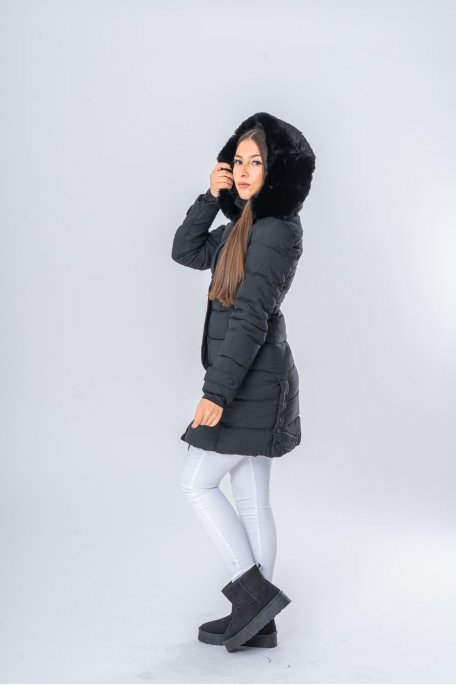 Doudoune mi-longue matelassée à capuche fausse fourrure noir