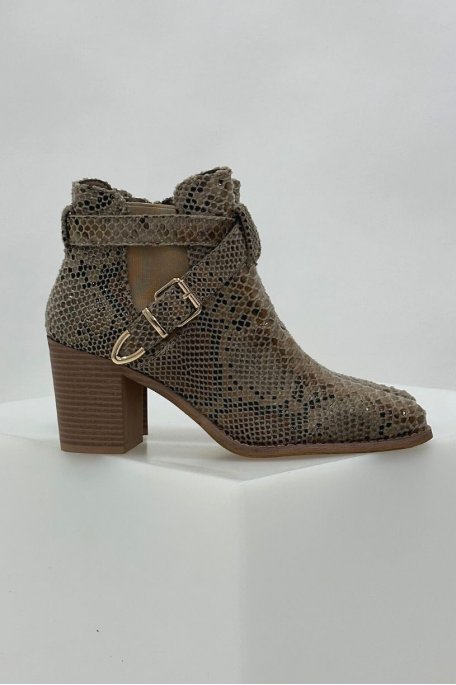 Bottines à talons effet croco avec boucle dorée beige