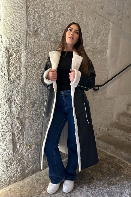 Long double-faced belted aviator coat, black