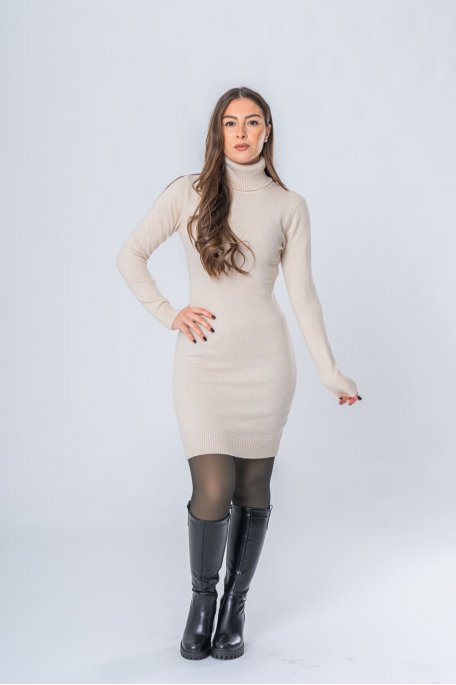 Robe pull courte col roulé moulante beige - vue de face look entier