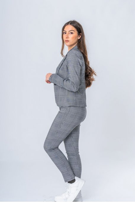 Veste blazer tailleur à carreaux gris - vue de profil look entier