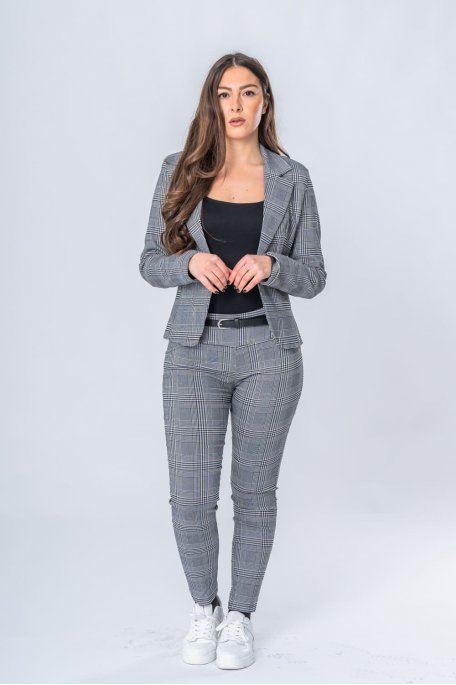 Veste blazer tailleur à carreaux gris - vue de face look entier