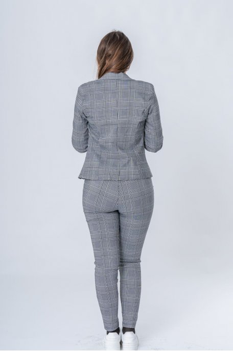 Pantalon tailleur à carreaux ceinturé gris - vue de dos look entier