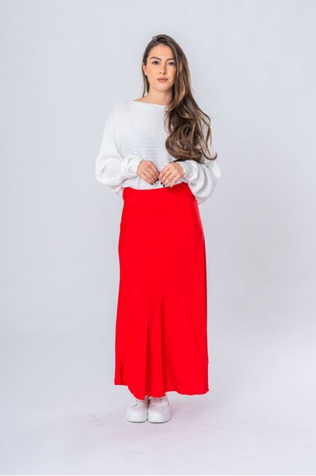 Red satin long trapeze skirt