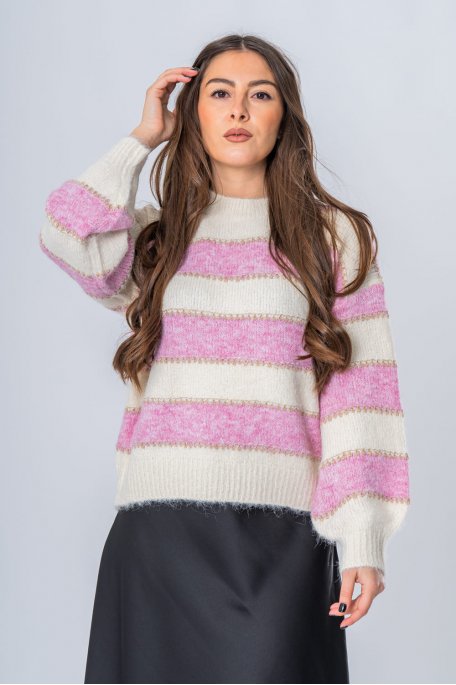 Pullover aus weichem Strick mit Streifen aus rosa Goldfäden