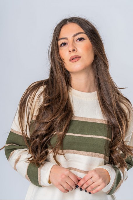 Striped sweater with khaki gold lurex threads