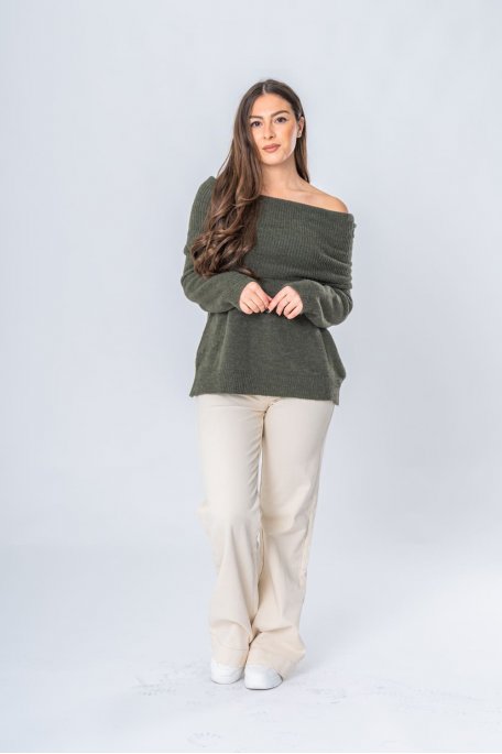 Pullover mit Bardot-Kragen in Khaki