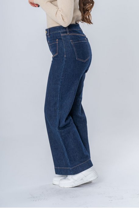 Jean large taille haute à poches bleu - vue de profil détail