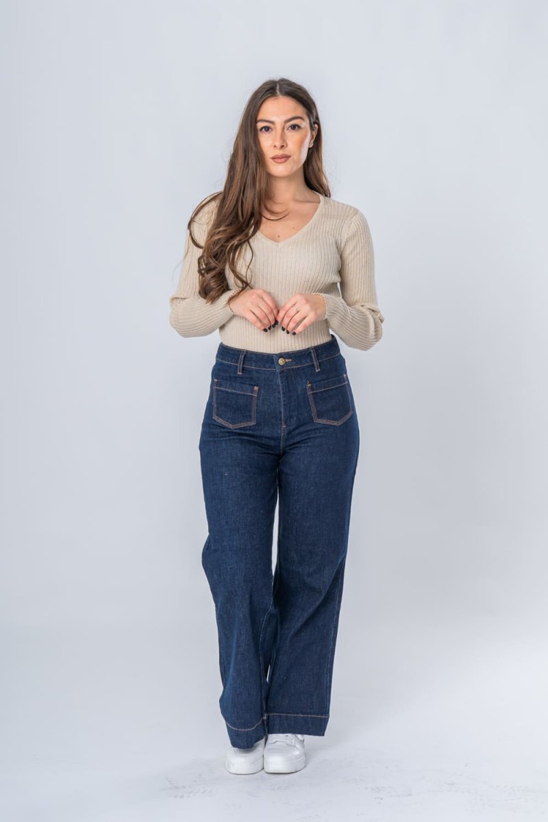 Jean large taille haute à poches bleu - vue de face look entier