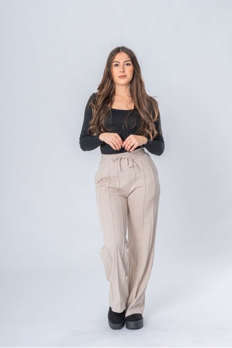 Beige ribbed straight-leg jogging pants