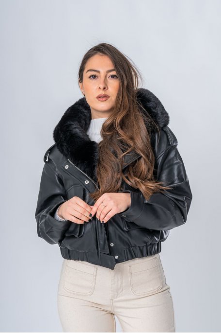 Black Faux Fur Hood Crop Puffer Jacket