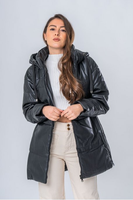 Mid-length faux-leather jacket with black hood