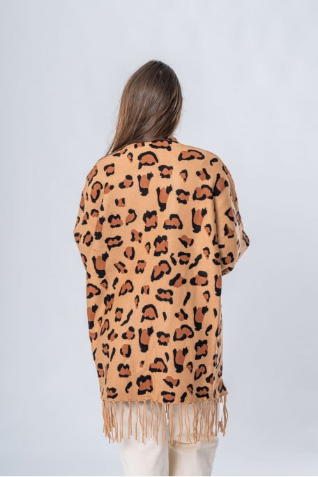 Gilet ouvert motif léopard à franges camel - vue de dos