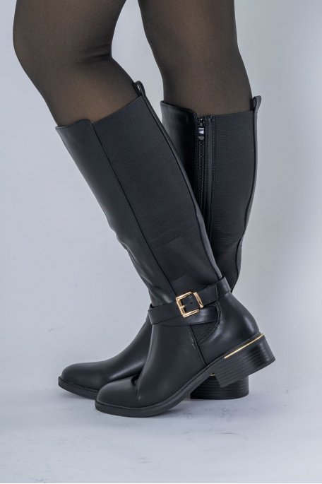 Bottes hautes à détail doré empiècement élastique noir - vue de profil