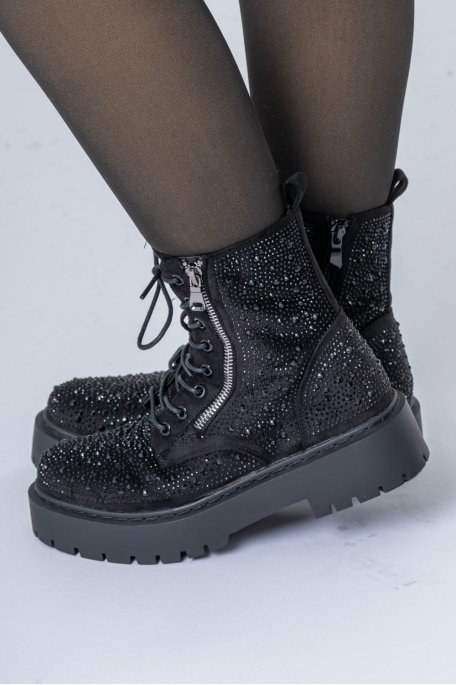 Bottines semelle épaisse à strass avec lacets noir - vue de profil